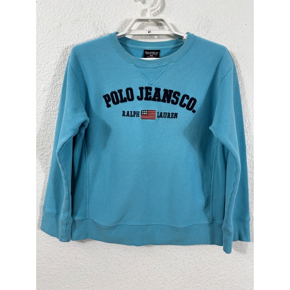 Polo Jeans Co Ralph Lauren Sweatshirt Womens M Blue Flag Logo Crewneck‎ Vtg Y2K